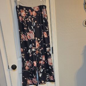 Floral Wide Leg Pants - Navy and Pink